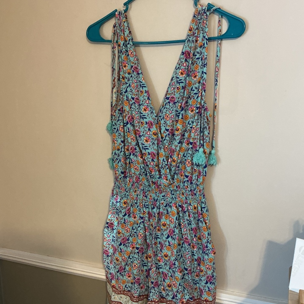Bebop Boho Floral Sleeveless Romper | Turquoise Blue | Tassel Tie | Size Large - Picture 3 of 15